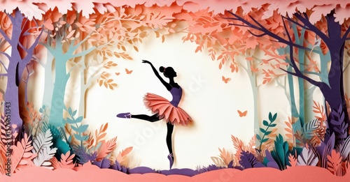 Silhouette ballerina dances within layered papercut forest. Warm tones dominate scene, creating whimsical, artistic impression. Butterflies float gently.