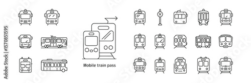 Train Icons Set, Public Transportation, Line Art, Mobile Train Pass, Isolated on White
