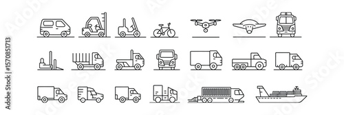 Transport Icons Line Style Set With Car, Truck, Van, Ship On Transparent Background