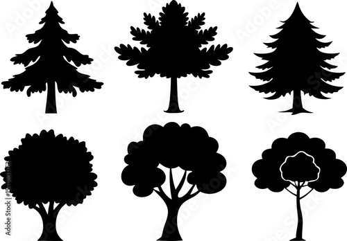 Set of 6 Tree Silhouettes in Black Vector Style