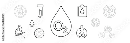 Transparent Design Blood Cells, Blood Drop, Microscope and O2 Icon Outlines