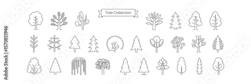 Tree Collection Outline Style, Minimalist Tree Icons, Simple Line Art, Transparent
