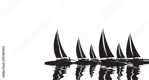Vector art of silhouettes of sailboats racing on the water, isolated on white background