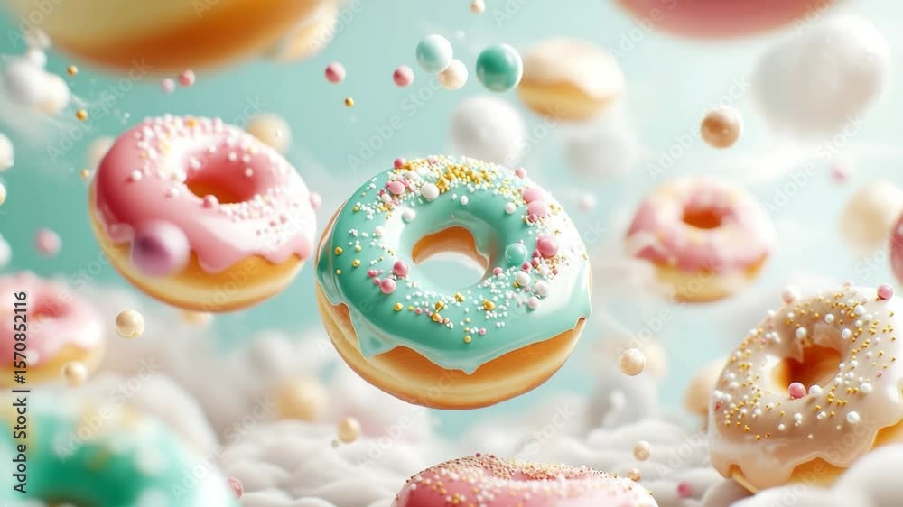 Colorful donuts with icing and sprinkles float above a soft, cloud-like background. The scene is whimsical and playful, evoking a sense of joy and sweetness.