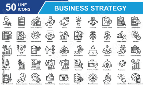 Business Strategy Icon Set Collection. Containing Professional, Finance Management, Market Analysis, Human Resources, Cost Management, Skills, Performance Management. Simple Line Vector Illustration.