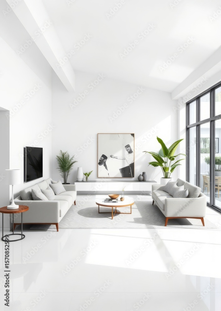 Fototapeta premium Bright interior design of living room with stylish furniture on white background home decor mock up interior Empty room interior design architecture blank design room