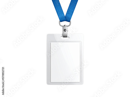 A blank, rectangular ID badge hanging from a blue lanyard.