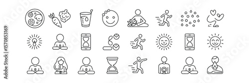 Wellness icons, black outline. Food, drink, person running, sun, heart, meditating