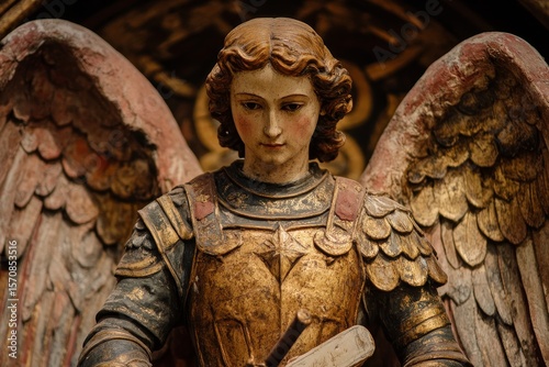 Close-up of an antique angel statue with intricate armor, wings, and a serene expression, showcasing detailed craftsmanship and religious artistry