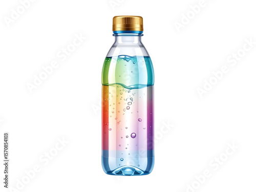 A colorful water bottle with a golden cap, filled with gradient liquid and air bubbles. Ideal for promoting hydration, lifestyle, or drink product branding.