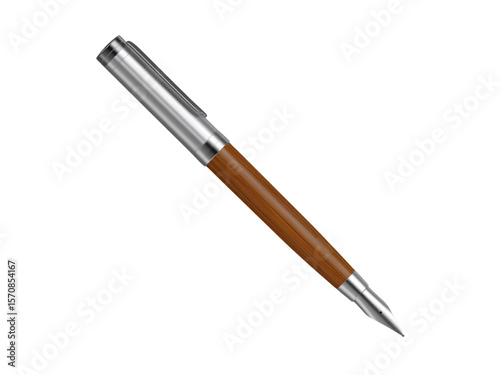 A fountain pen with a wooden barrel and a silver cap, laying diagonally on a white background.