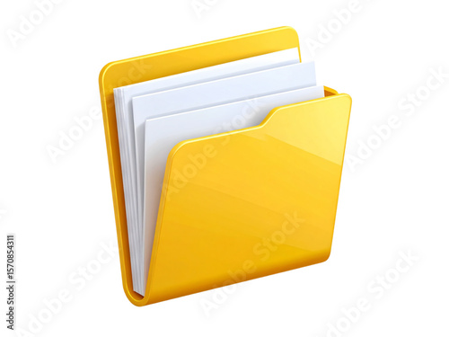 Yellow folder icon with white documents inside, isolated on white background.