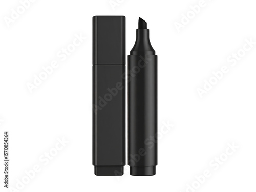 Close-up view of two black marker pens, one in its rectangular casing, the other a separate marker tip.