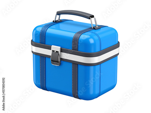 A vibrant blue lunchbox with a handle and straps, isolated.