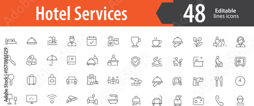 Hotel Services Line Icons, Room Service, Bellhop, Key Card, Reception Desk, Luggage Handling, Editable Formats: AI, EPS, PNG, JPG, Ideal for Both Digital and Print Use
