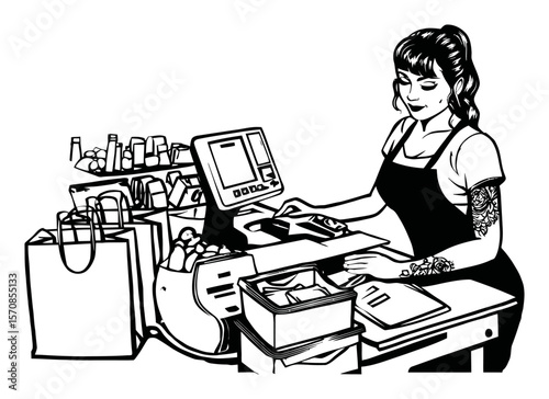 Hand-Drawn Illustration of a Cashier Working at a Checkout Register