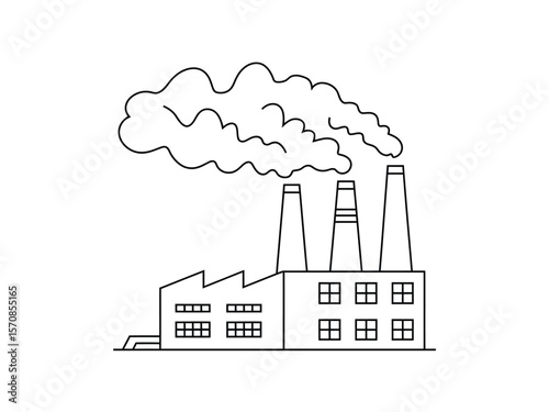 A simple black and white line drawing of an industrial factory building