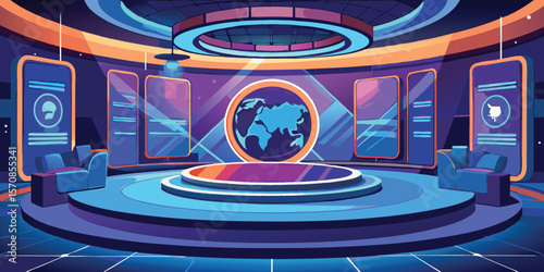 Futuristic broadcast studio with globe and chairs virtual set
