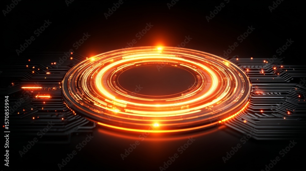 Obraz premium Futuristic circular orange-hued structure with concentric rings emitting warm light against dark background, surrounded by intricate circuit-board patterns and glowing dots.
