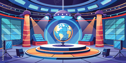 Futuristic television studio with globe and screens