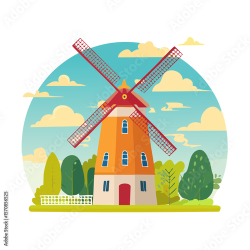 Colorful cartoon windmill landscape with trees and blue sky.