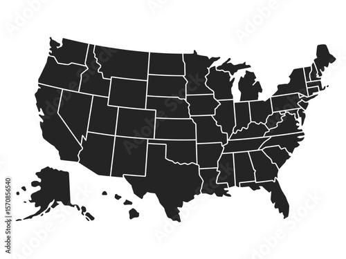 A simple black and white map of the United States of America showing all 50 states as solid black shapes with white borders