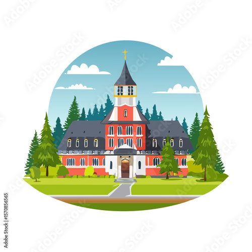 Cartoon Illustration of a Church or Monastery Building in a Landscape