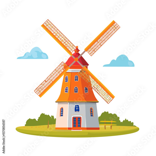 Colorful Illustration of a Dutch Windmill with Clouds