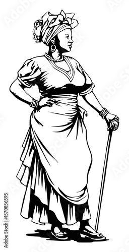 Elegant Woman in Traditional Dress with Cane, Hand-Drawn Illustration Style