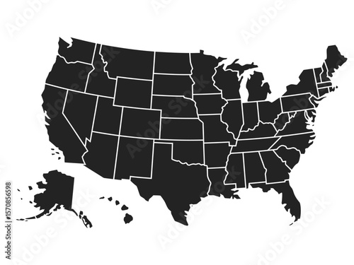 A simple black and white map of the United States of America showing all 50 states as solid black shapes with white borders
