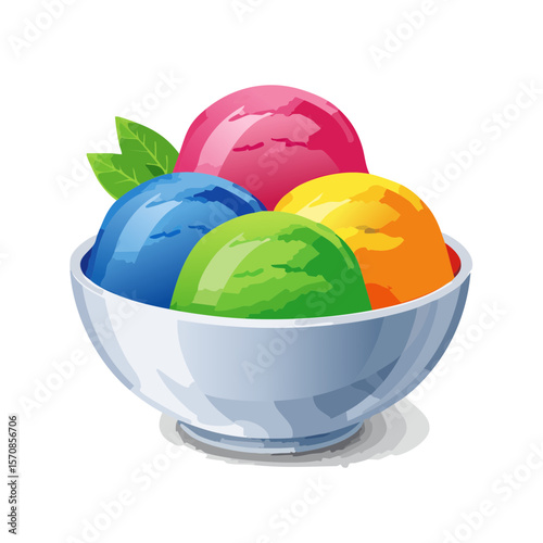 Bowl of colorful ice cream scoops with mint leaf garnish
