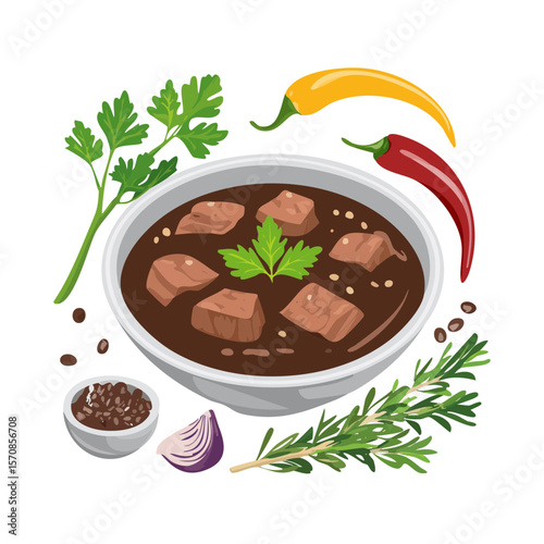 Delicious bowl of stew with herbs and spices illustration