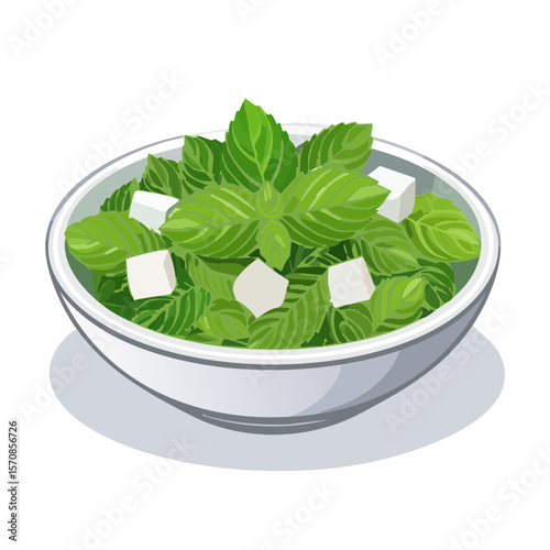 Caprese salad in a bowl - fresh basil leaves with mozzarella cubes