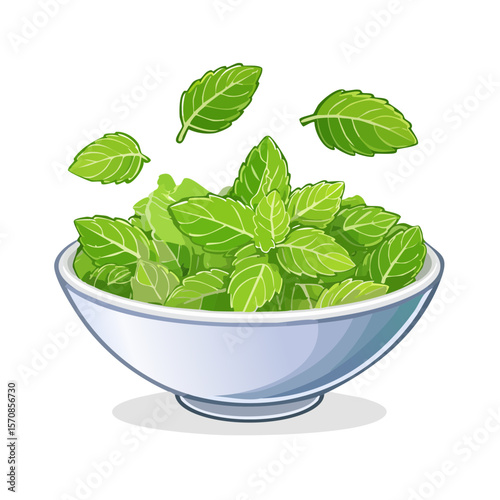 A bowl overflowing with fresh mint leaves, some floating in the air