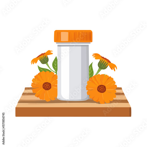Calendula cream bottle illustration with flowers