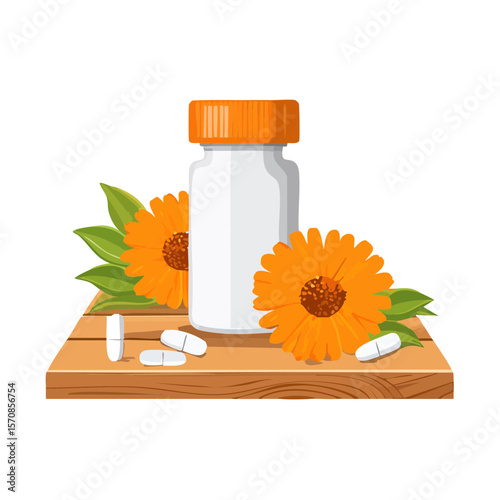 Calendula Supplement Bottle with Flowers on Wooden Board
