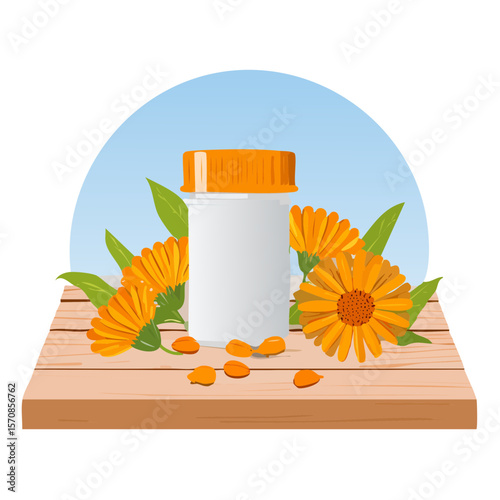 Calendula flower petals next to medicine bottle on the wooden table