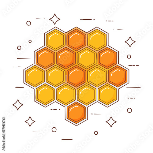 Illustration of golden honeycomb with honey against a black background with stars and lines.