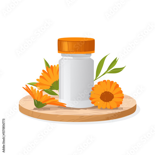 Calendula Supplement on Wooden Stand with Orange Blossoms
