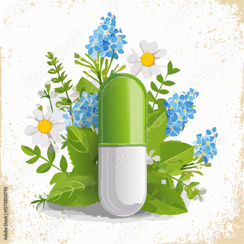 Green and white pill with chamomile and forget-me-not flowers