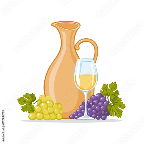 Still life with wine pitcher, glass, and grapes