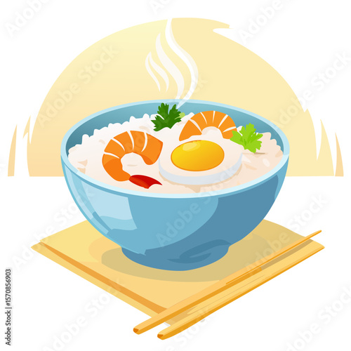 Delicious Bowl of Rice Porridge with Shrimp, Egg, Parsley and Chili