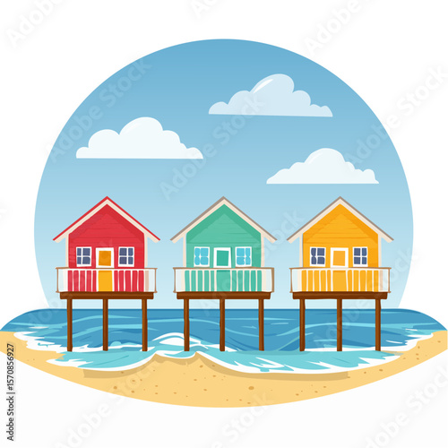 Colorful Beach Houses on Stilts with Ocean and Sky