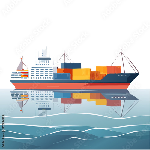 Cargo Ship on the Sea with Reflected Image, Blue, Orange, and Black Colors