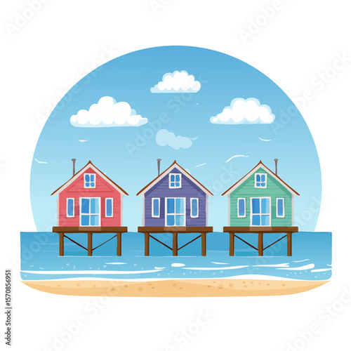 Colorful Beach Houses on Stilts by the Sea with Clouds and Sandy Shore