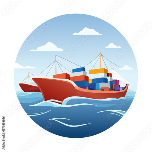 Container Ships at Sea - Vector Illustration of Cargo Ships Sailing on Water