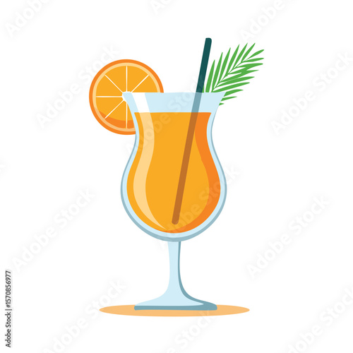 Orange cocktail with citrus slice and palm leaf orange juice glass