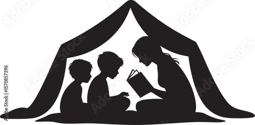 Silhouetted Kids Engaged in Reading in a Tent