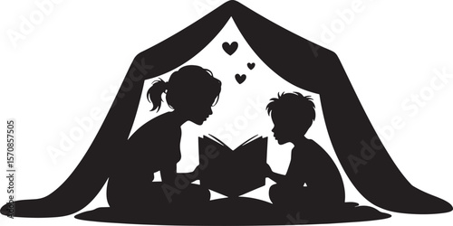 Children Reading Stories in a Tent Silhouette
