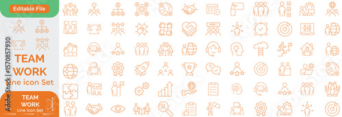 Teamwork icon set. Business related line icons: meeting, cooperation, support, collaboration, partnership, society, workshop, work group, human resource and more. Editable stroke. Vector illustration.